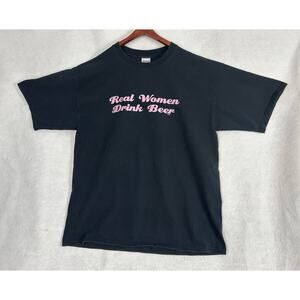 Real Women Drink Beer Y2K 00s Black Pink Shirt Size XL